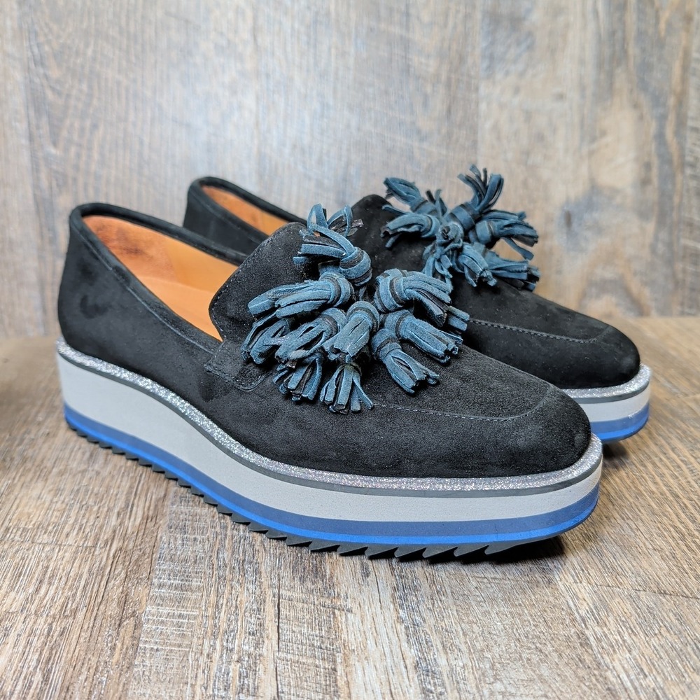 Johnston & Murphy Gracelyn Platform Tassel Loafers Black Suede Glitter Size 7.5